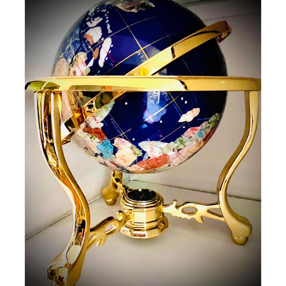 Gemstone Inlay Globe w/ Compass Base, 14” Tall – Gold-Tone Stand - Picture 7 of 10
